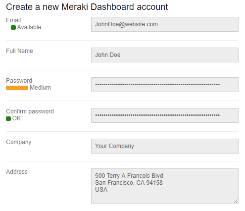 Meraki Dashboard — หน้าสมัคร Account