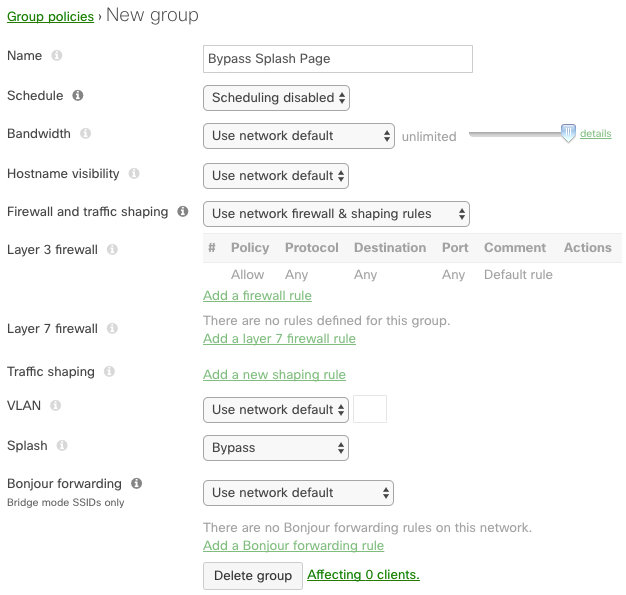 Meraki Dashboard — Group Policy Configuration