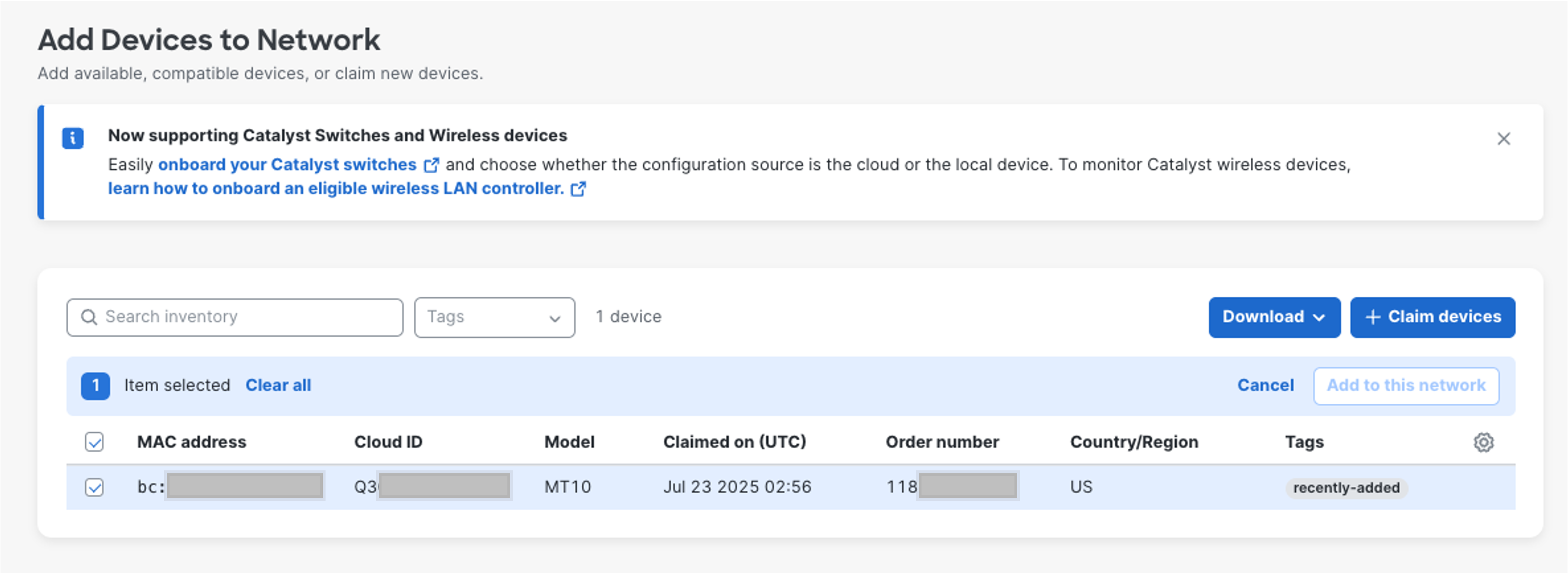 Meraki Dashboard — ค้นหา Device ใน Inventory