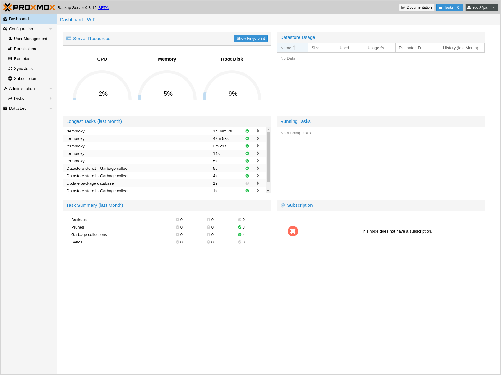 หน้า Dashboard ของ Proxmox Backup Server แสดงสถานะ datastore และงาน backup ล่าสุด
