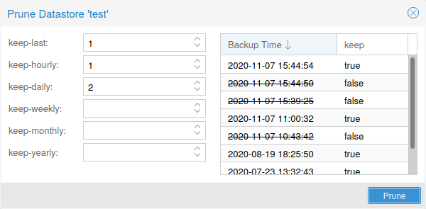 Dialog Prune Group แสดง preview ว่า snapshot ใดจะถูกเก็บ (keep) และตัวใดจะถูกลบ (remove) ตาม retention