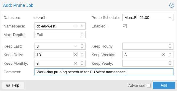 หน้าต่างสร้าง Prune Job ใน PBS Web UI พร้อม field สำหรับ keep-daily/weekly/monthly/yearly