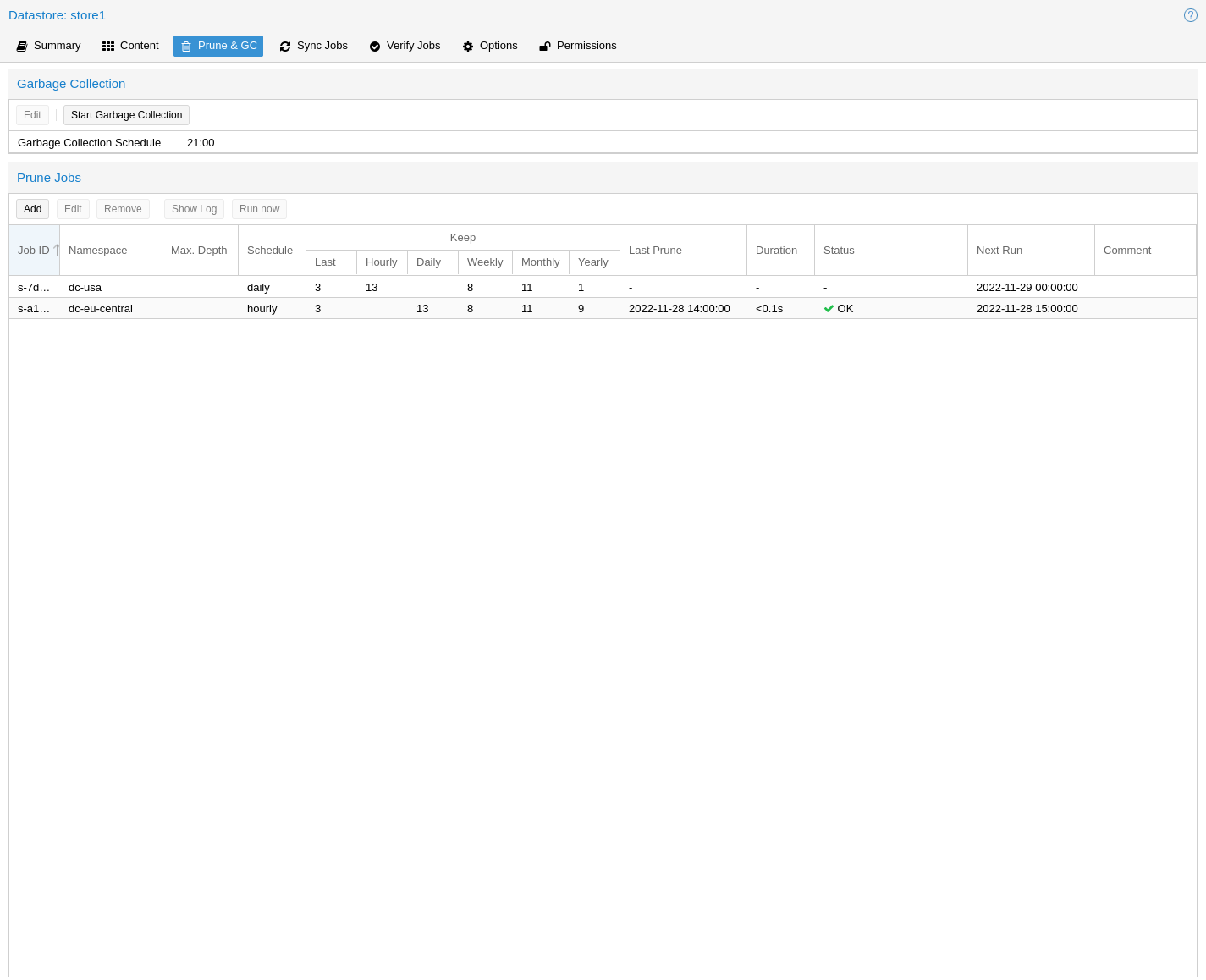 หน้า Prune & GC ของ datastore สำหรับตั้ง schedule prune job และ garbage collection
