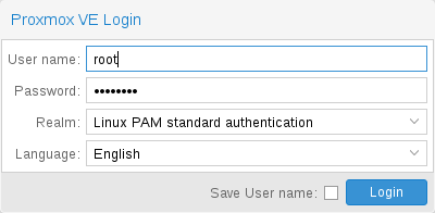 หน้า Login Proxmox VE Web UI
