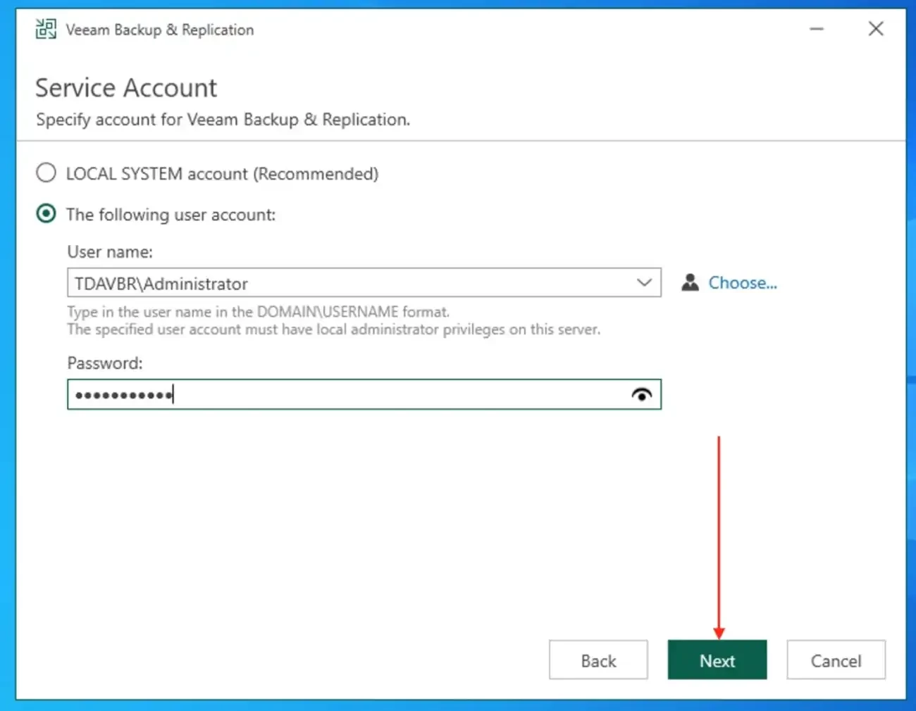 Service Account Configuration ใน Veeam Installer
