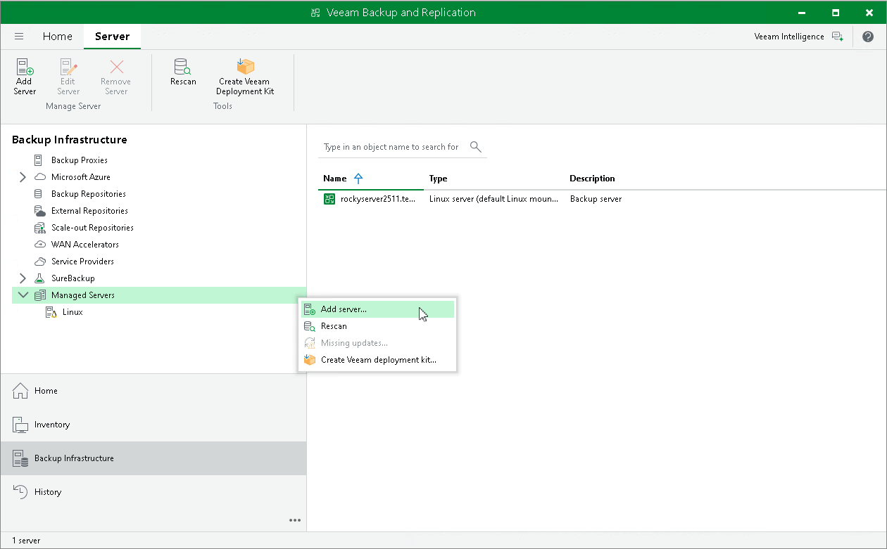 Veeam Backup & Replication Console — หน้าจอเปิดครั้งแรก พร้อม Inventory Tree และ Ribbon Menu