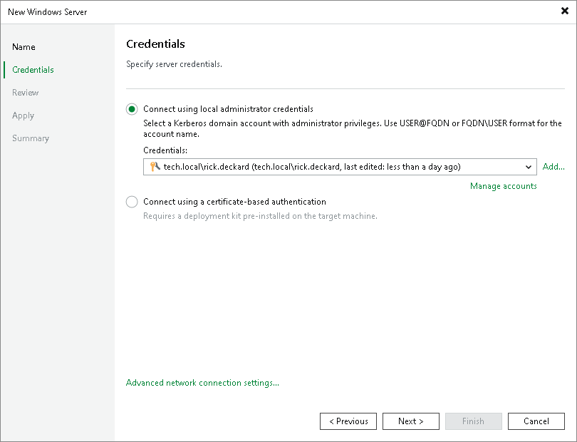 Add Server Wizard — ระบุ Credentials สำหรับเชื่อมต่อ vCenter / Hyper-V