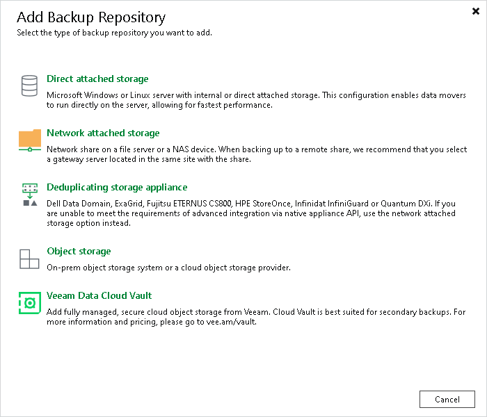 Add Backup Repository Wizard — เลือก Repository Type (Direct/SMB/Object Storage)