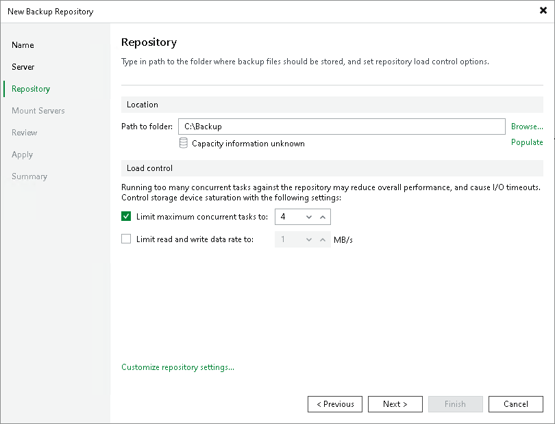 Add Backup Repository Wizard — ระบุ Storage Path ปลายทาง