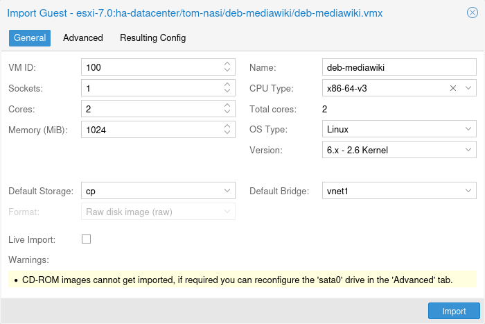 หน้าจอ ESXi Import Wizard ของ Proxmox VE 8.2 ตอนเลือก target storage และ bridge