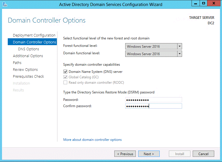 หน้า Domain Controller Options เลือก forest/domain functional level, roles และตั้ง DSRM password