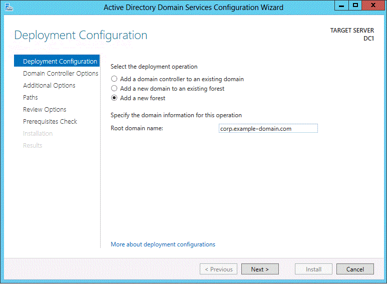 หน้า Deployment Configuration เลือก Add a new forest และใส่ root domain name