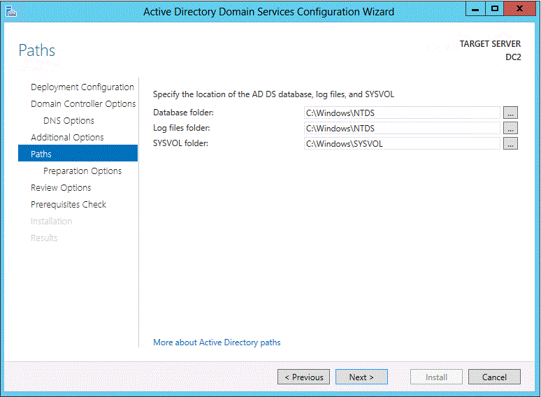 หน้า Paths กำหนดตำแหน่ง NTDS database, log files และ SYSVOL