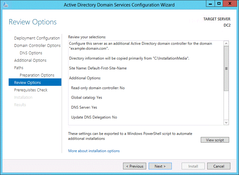 หน้า Review Options สรุปค่าทั้งหมดและปุ่ม View script