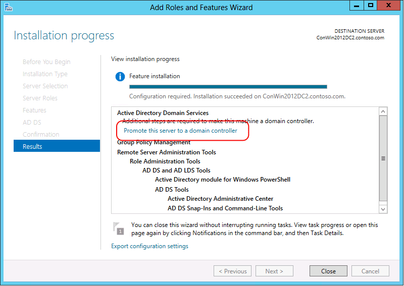 หน้า Installation progress ของ Add Roles and Features Wizard พร้อมลิงก์ Promote this server to a domain controller
