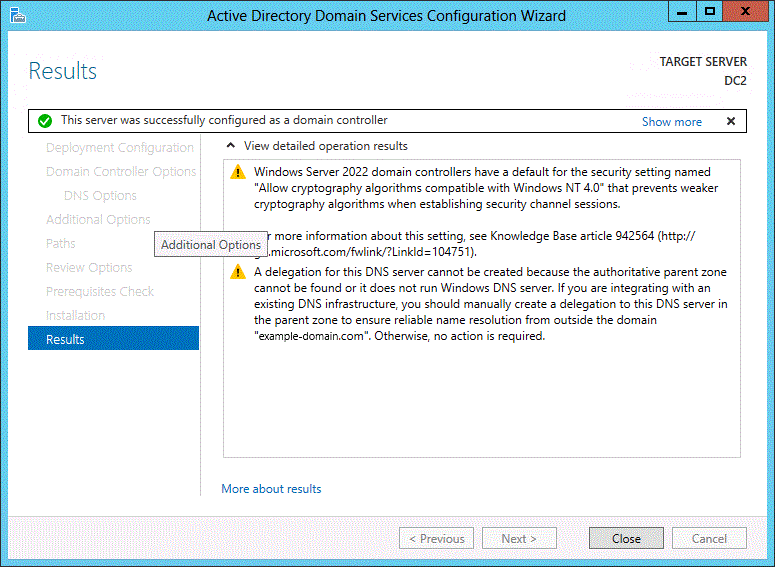 หน้า Results แสดงผลการ promote เป็น domain controller สำเร็จ